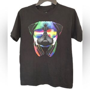 Men's Women's Pug with Headphones Black Unisex T-shirt tee Small Graphic Print